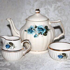 Sadler Blue Rose Teapot | Arthur Wood Blue Rose Sugar Bowl & Creamer Set